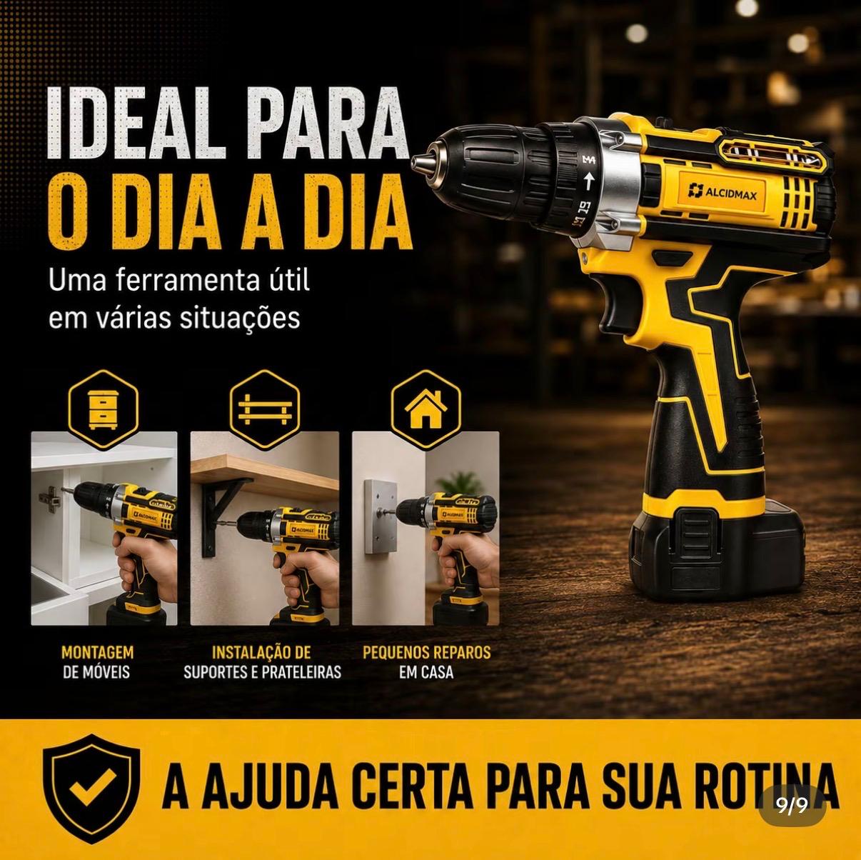 Imagem promocional com exemplos de montagem de móveis e pequenos reparos com a parafusadeira